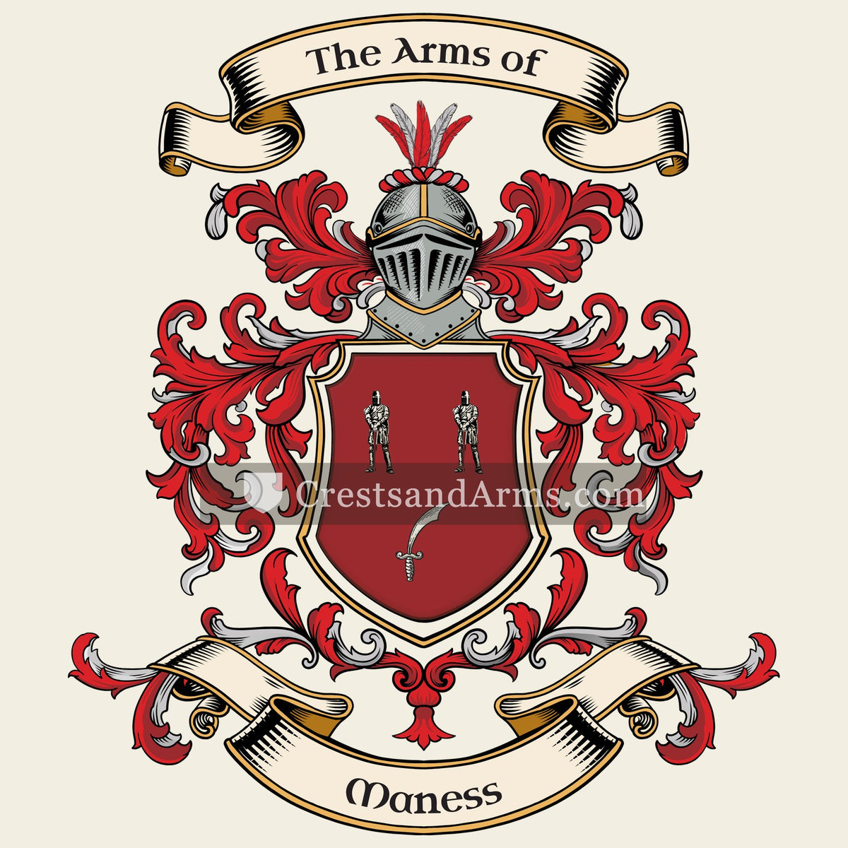 The Maness coat of arms, drawn from the recorded blazon