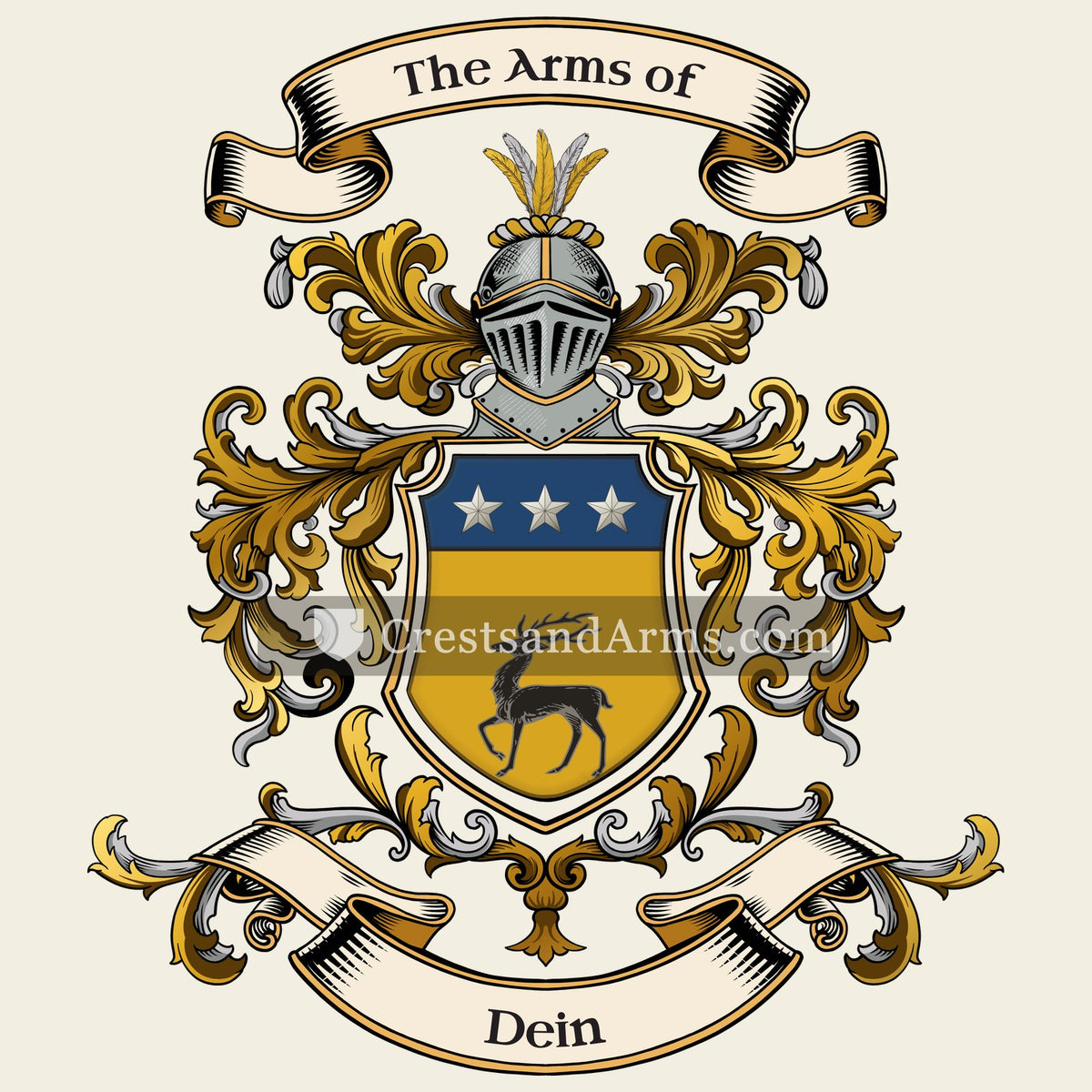 The Dein coat of arms, drawn from the recorded blazon