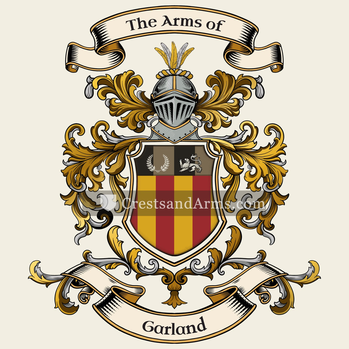 The Garland coat of arms, drawn from the recorded blazon