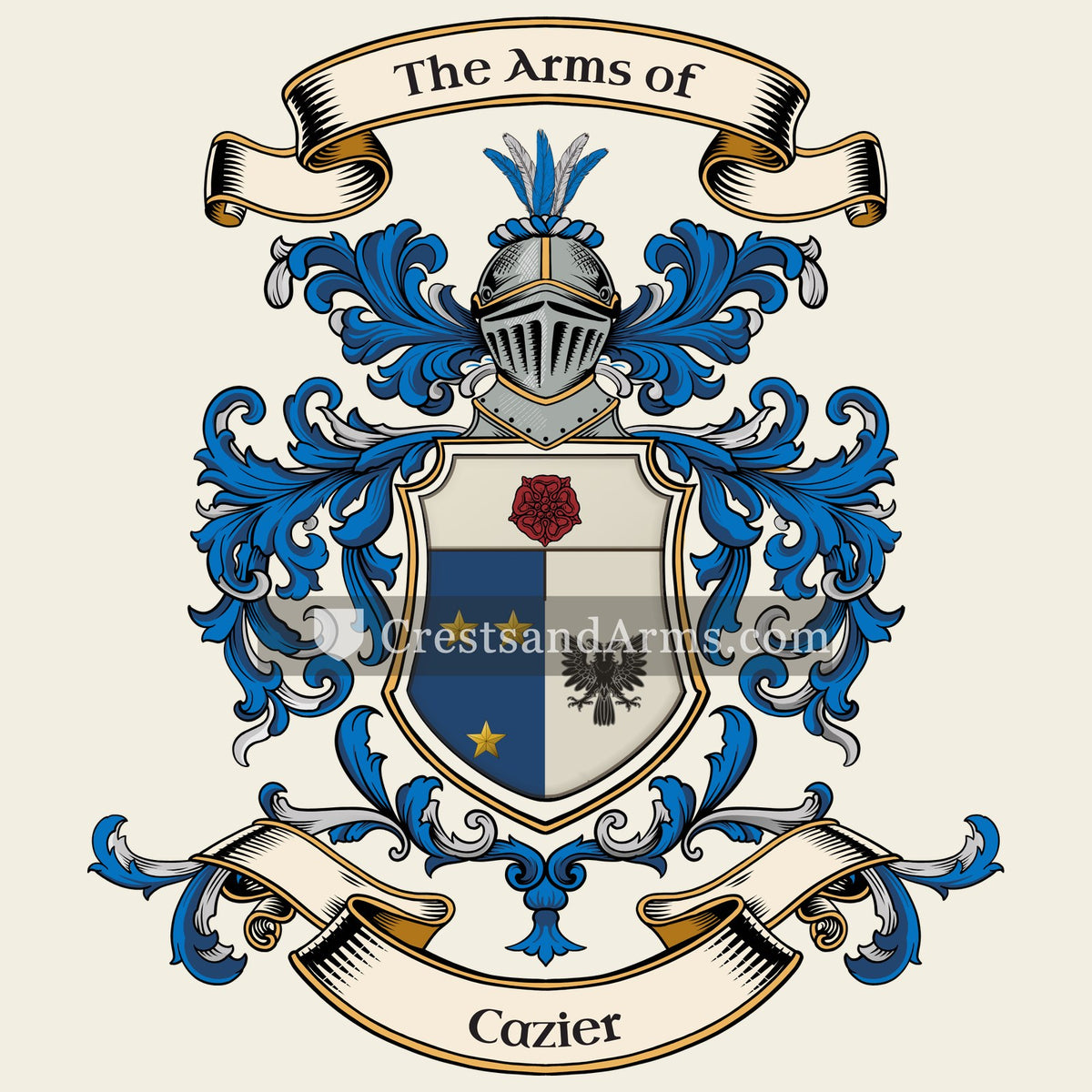 The Cazier coat of arms, drawn from the recorded blazon