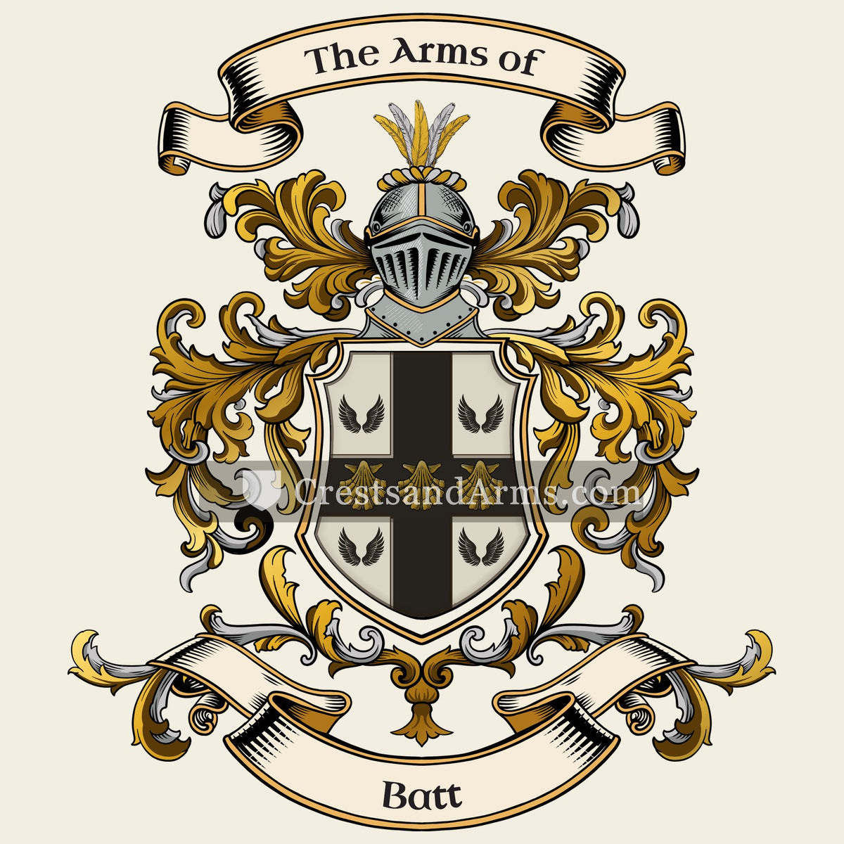 The Batt coat of arms, drawn from the recorded blazon