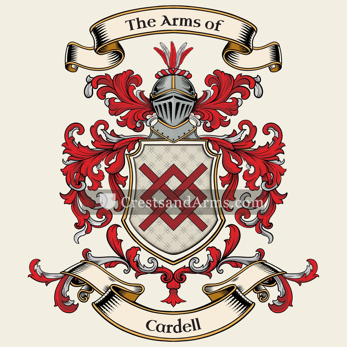 The Cardell coat of arms, drawn from the recorded blazon