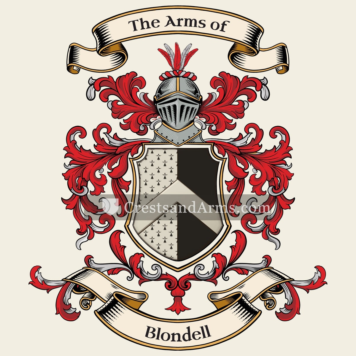 The Blondell coat of arms, drawn from the recorded blazon