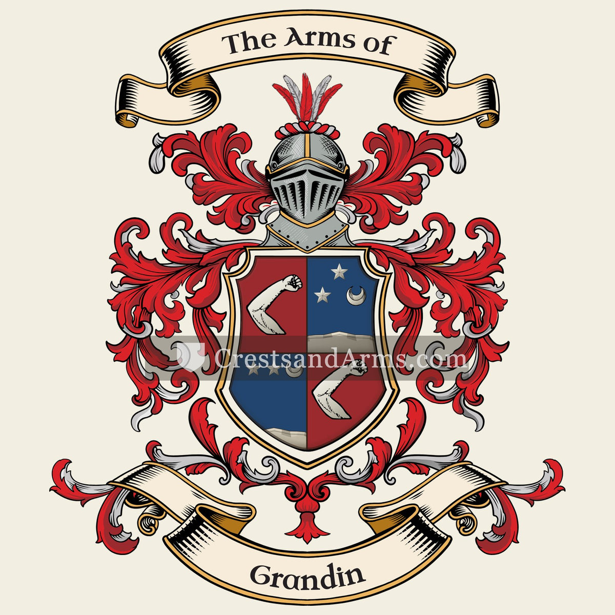 The Grandin coat of arms, drawn from the recorded blazon