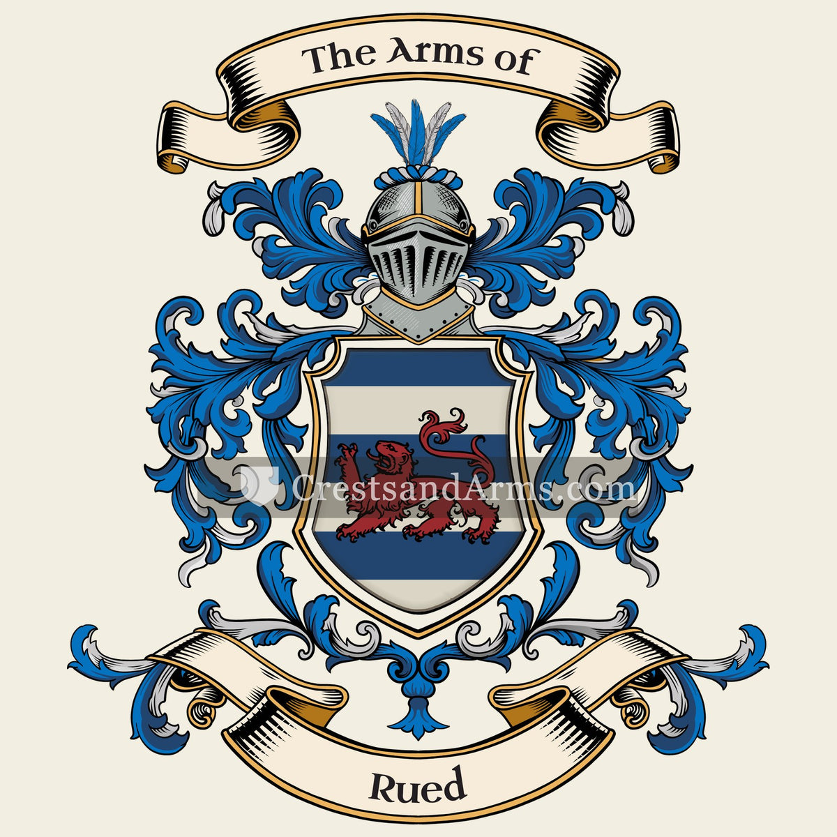 The Rued coat of arms, drawn from the recorded blazon