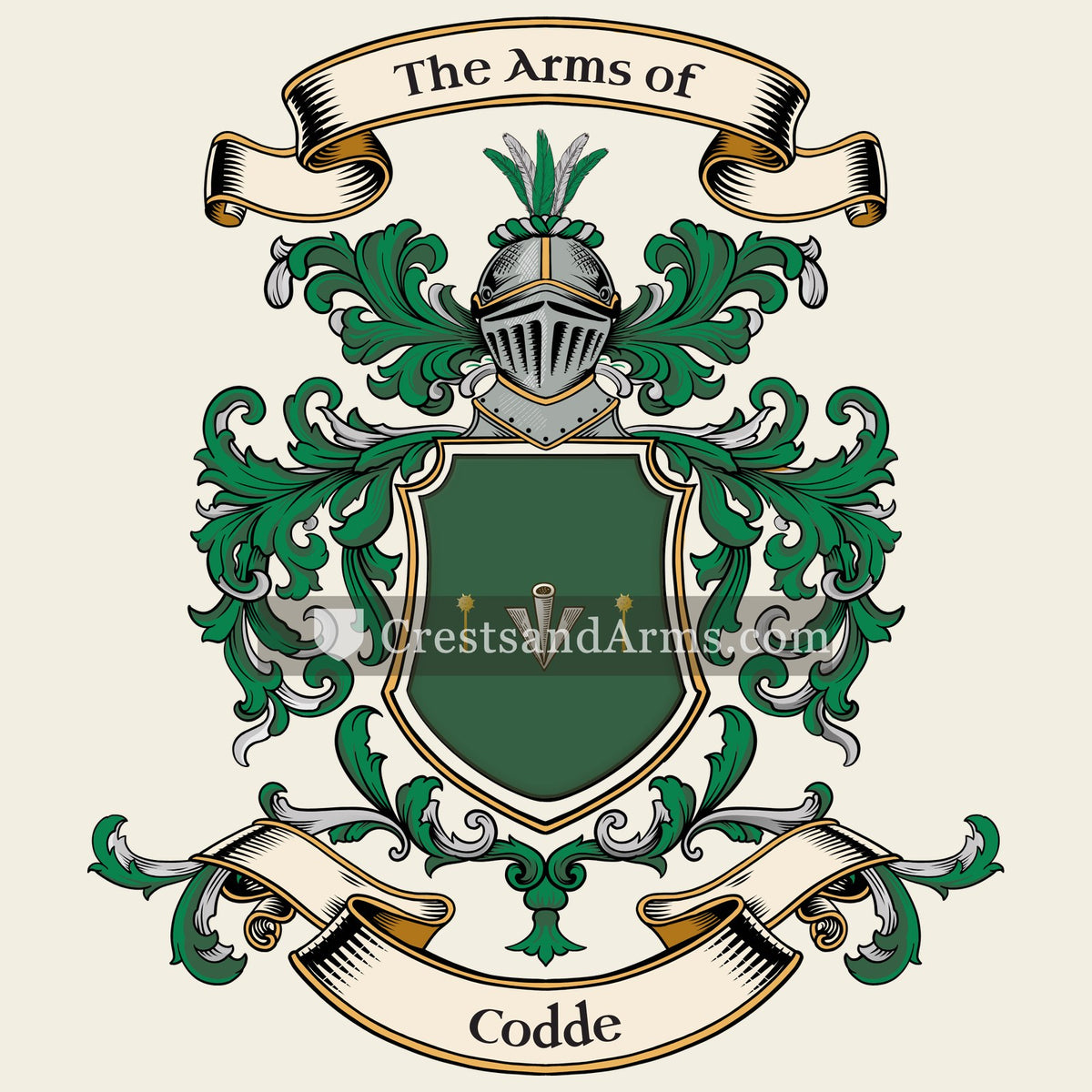 The Codde coat of arms, drawn from the recorded blazon