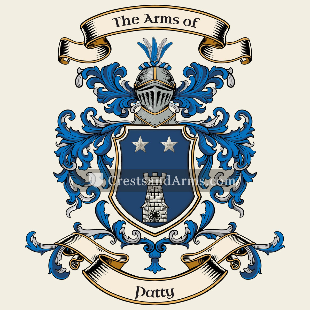 The Patty coat of arms, drawn from the recorded blazon