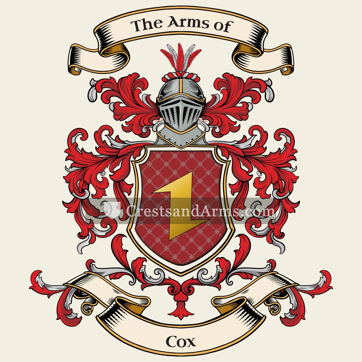 The Cox coat of arms, drawn from the recorded blazon