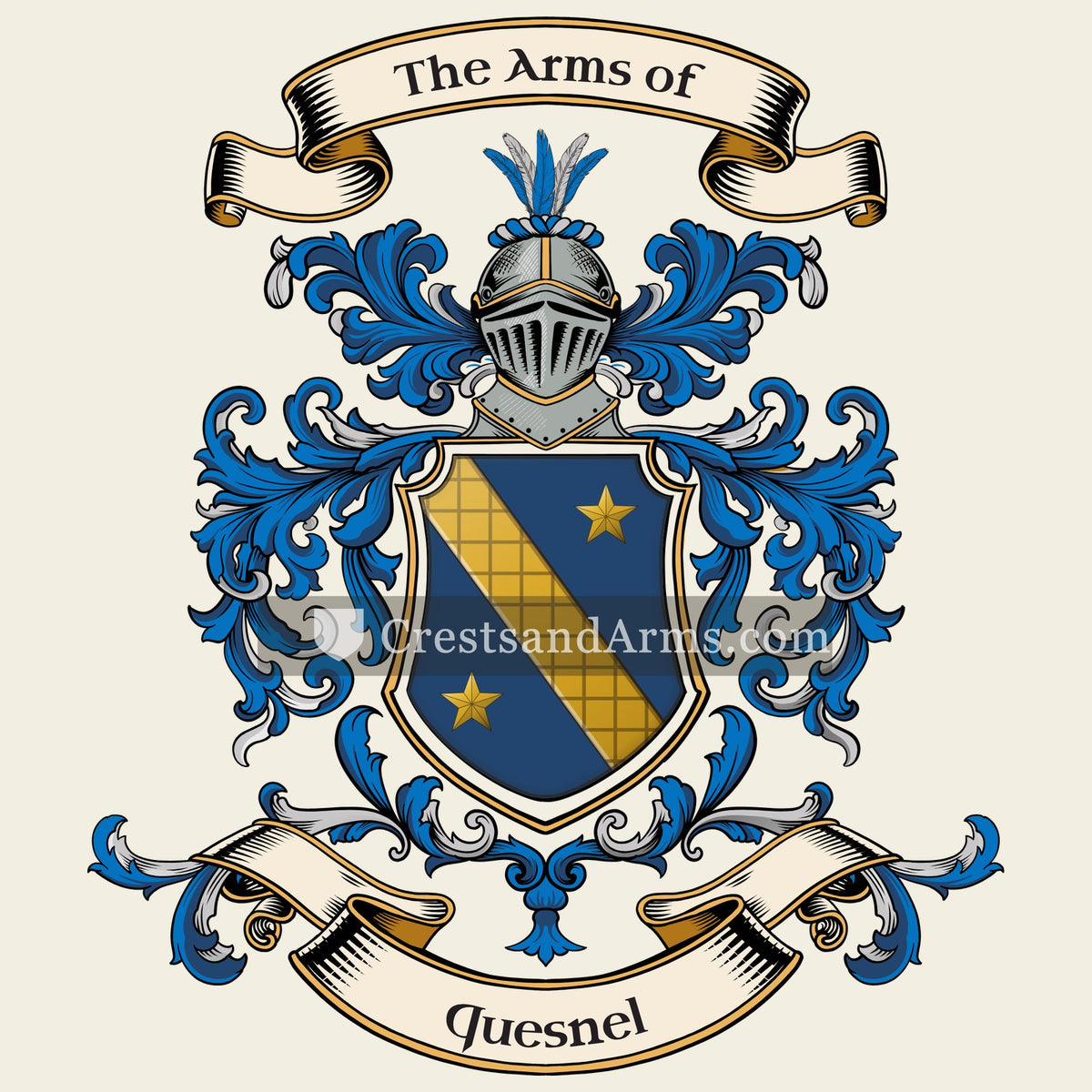 The Quesnel coat of arms, drawn from the recorded blazon