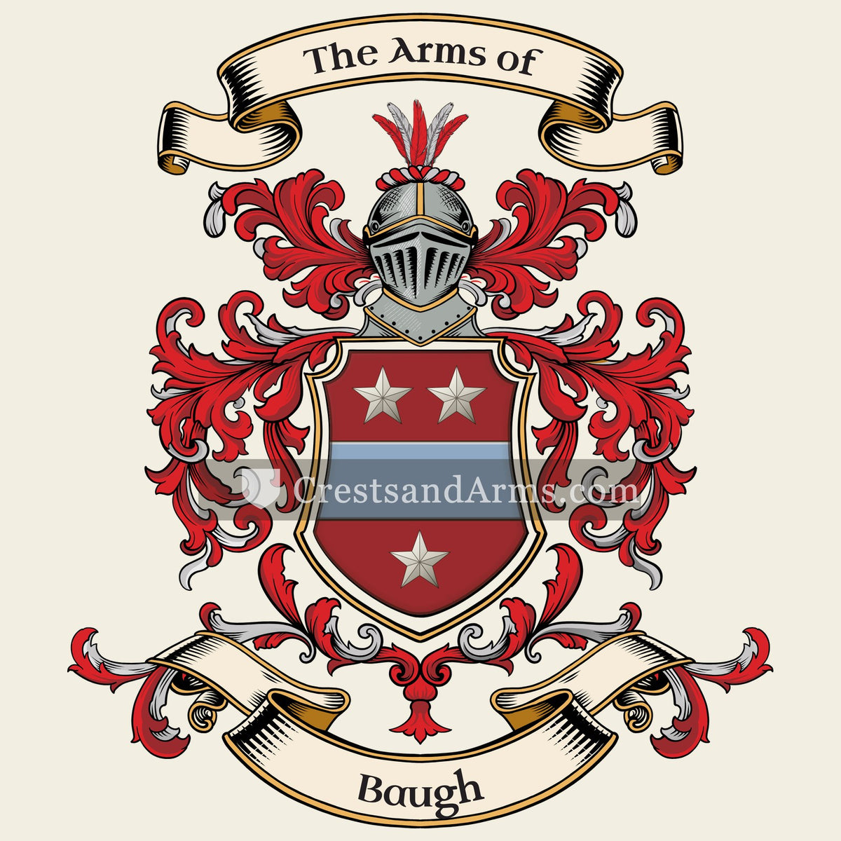 The Baugh coat of arms, drawn from the recorded blazon