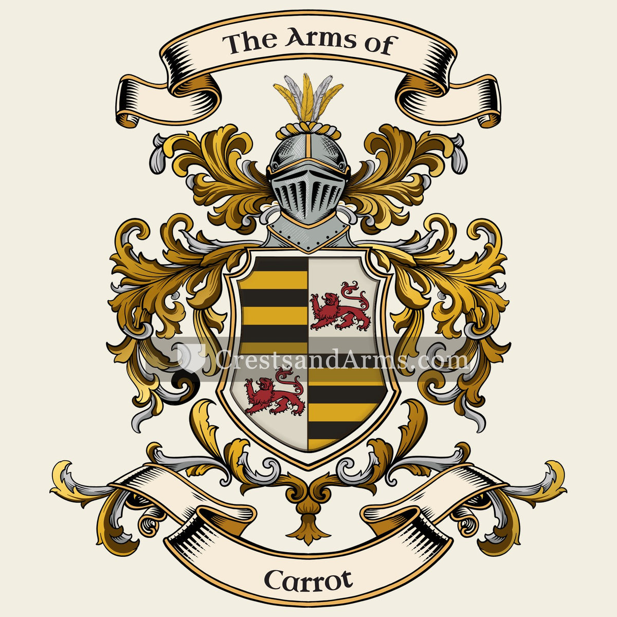 The Carrot coat of arms, drawn from the recorded blazon