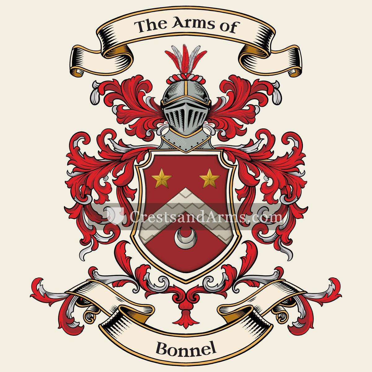 The Bonnel coat of arms, drawn from the recorded blazon