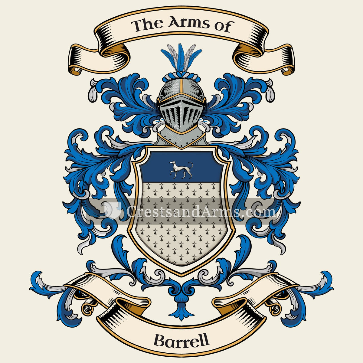 The Barrell coat of arms, drawn from the recorded blazon