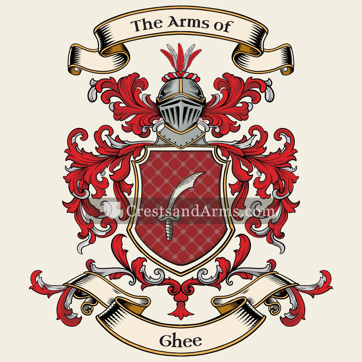 The Ghee coat of arms, drawn from the recorded blazon