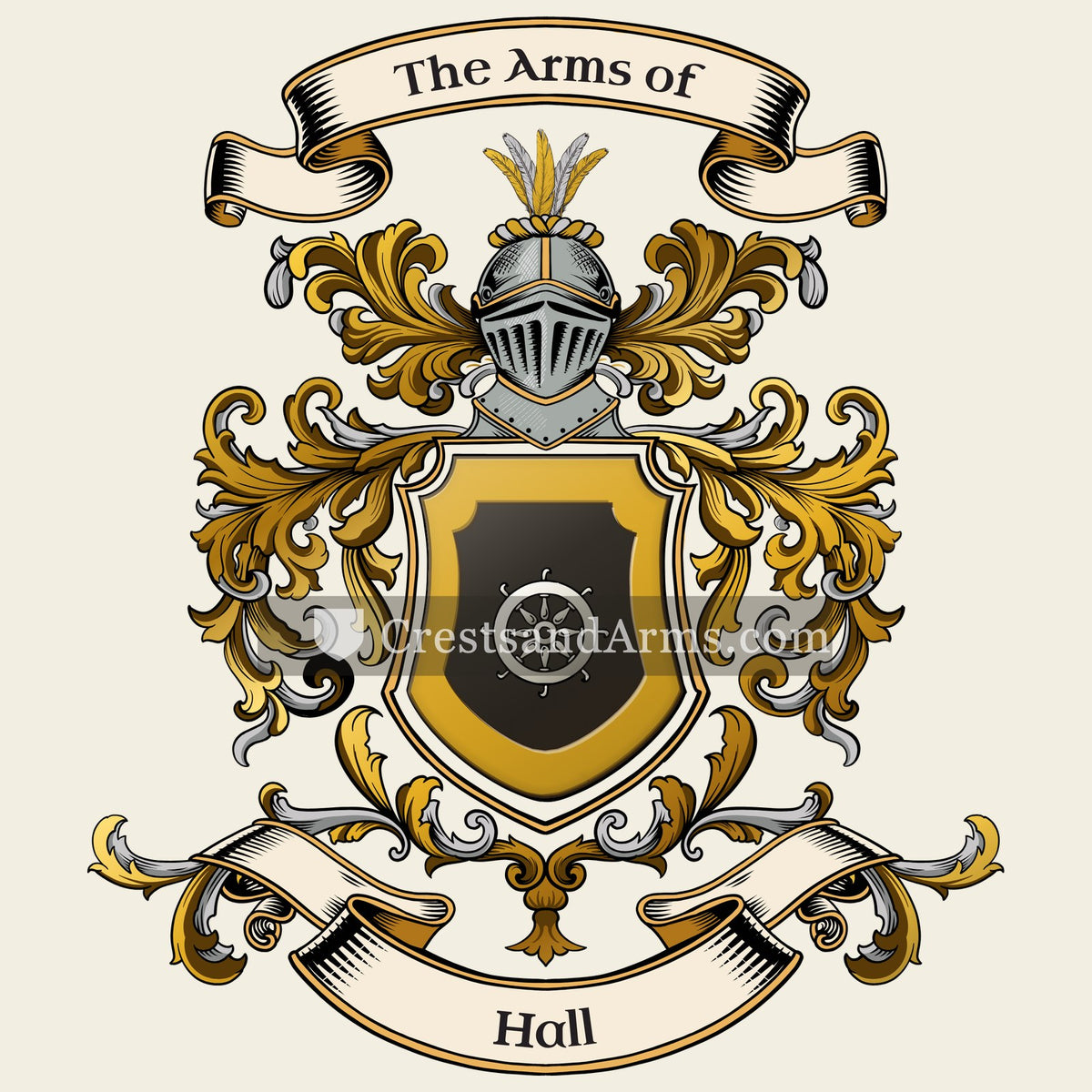 The Hall coat of arms, drawn from the recorded blazon