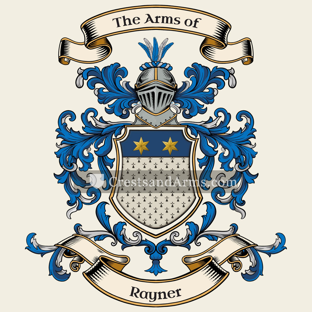 The Rayner coat of arms, drawn from the recorded blazon
