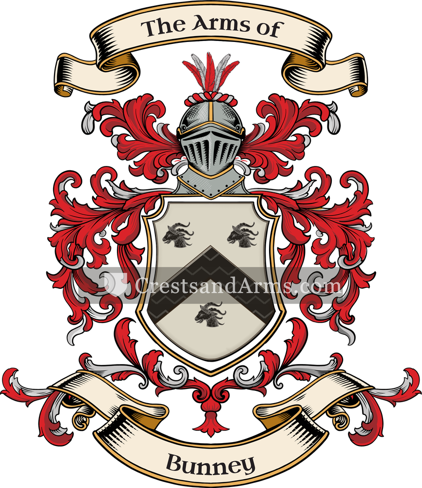 The Bunney coat of arms, drawn from the recorded blazon