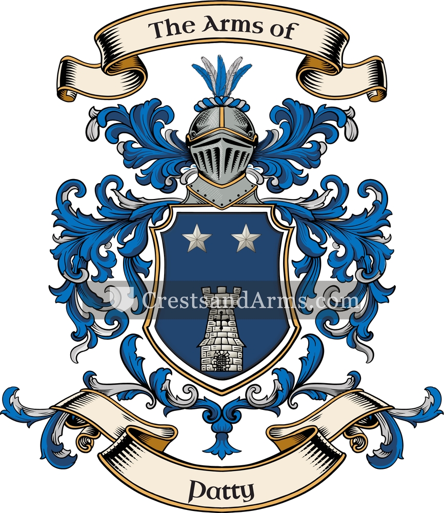 The Patty coat of arms, drawn from the recorded blazon