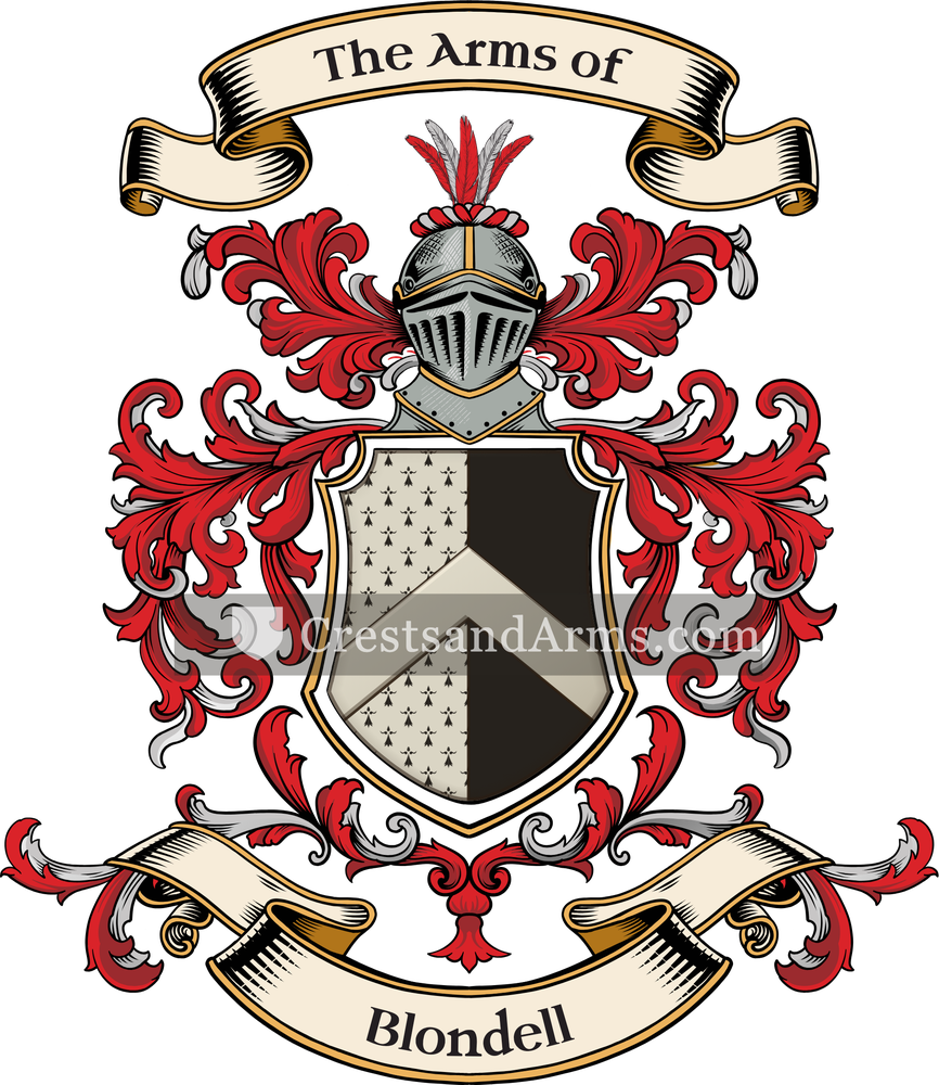 The Blondell coat of arms, drawn from the recorded blazon