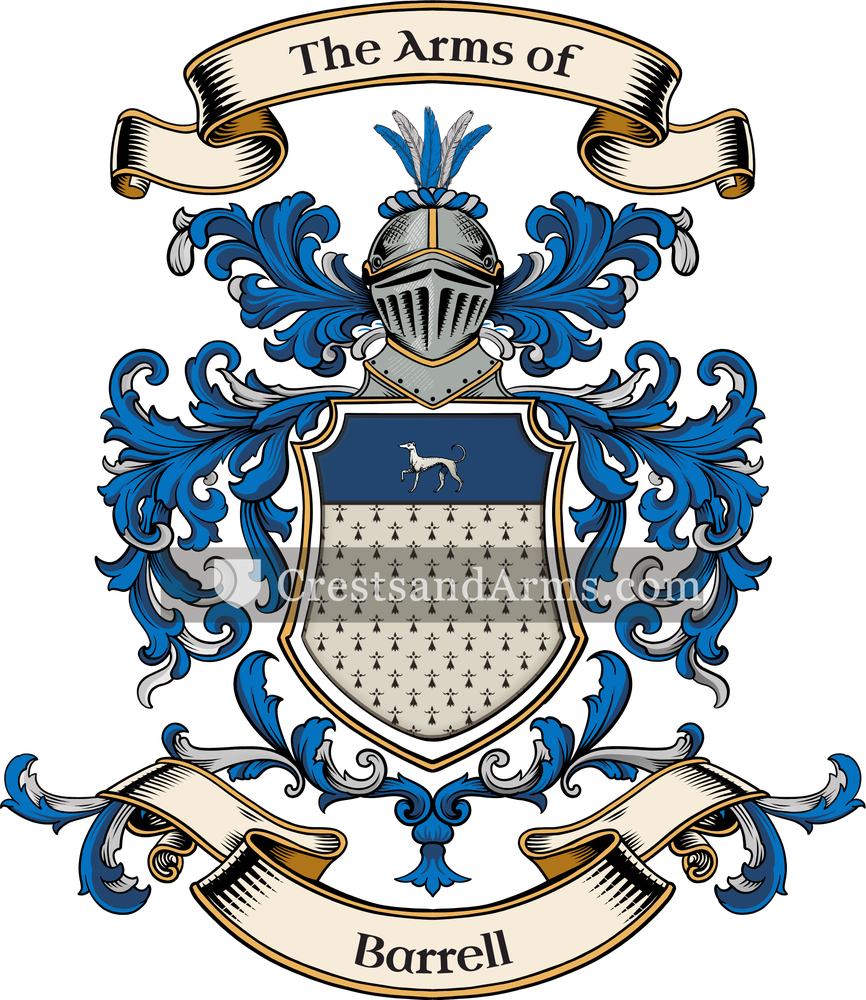 The Barrell coat of arms, drawn from the recorded blazon
