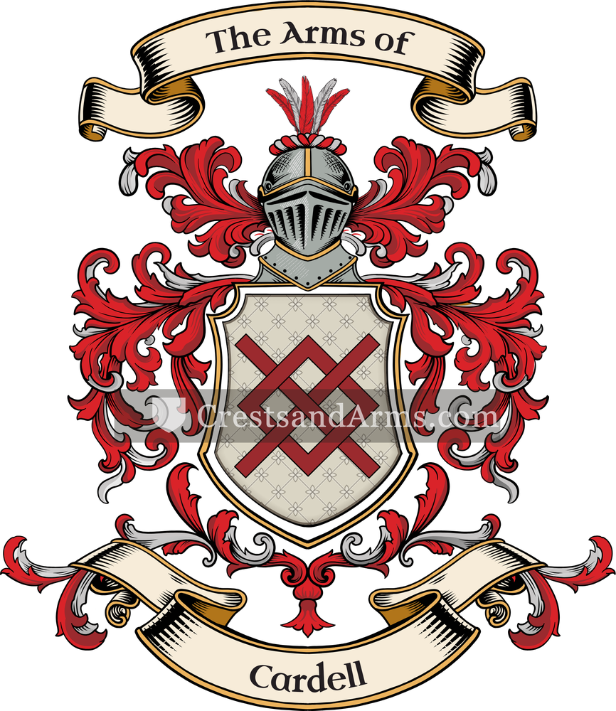 The Cardell coat of arms, drawn from the recorded blazon