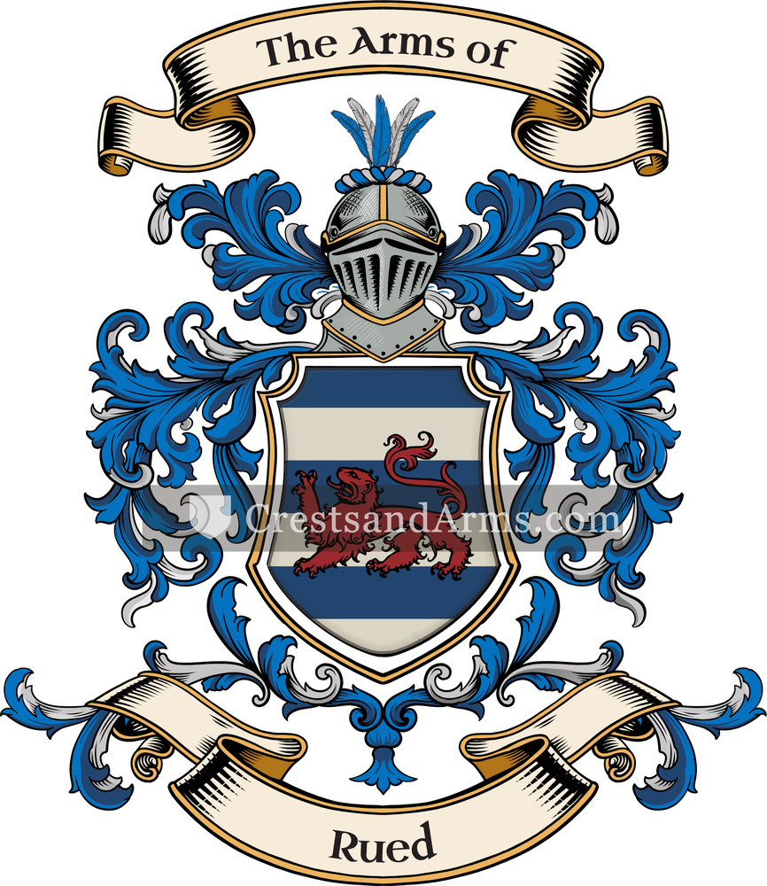 The Rued coat of arms, drawn from the recorded blazon