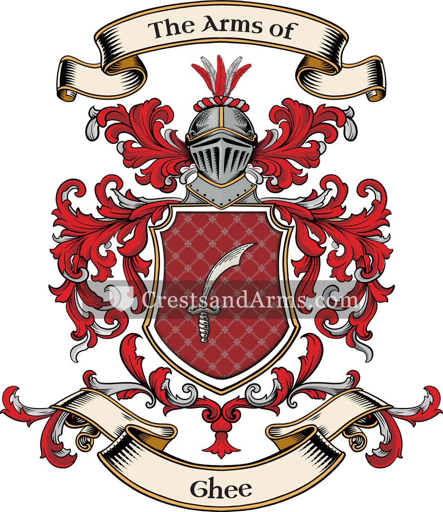 The Ghee coat of arms, drawn from the recorded blazon
