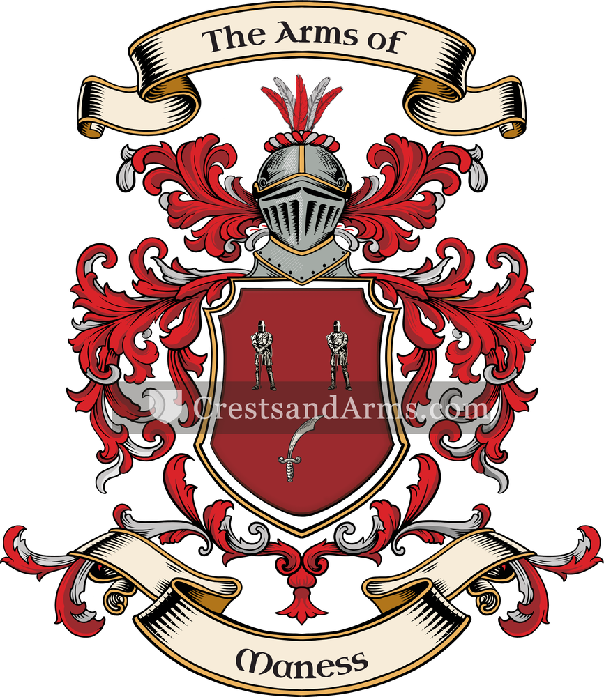 The Maness coat of arms, drawn from the recorded blazon