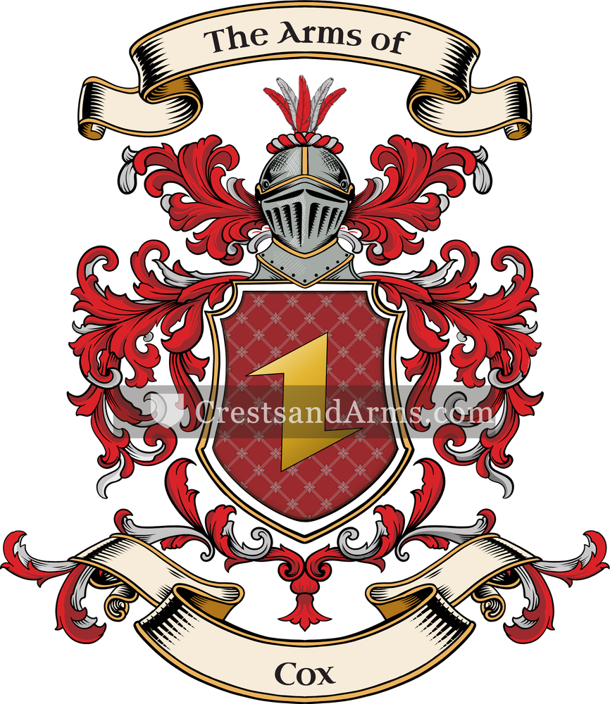The Cox coat of arms, drawn from the recorded blazon