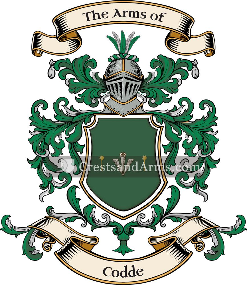 The Codde coat of arms, drawn from the recorded blazon
