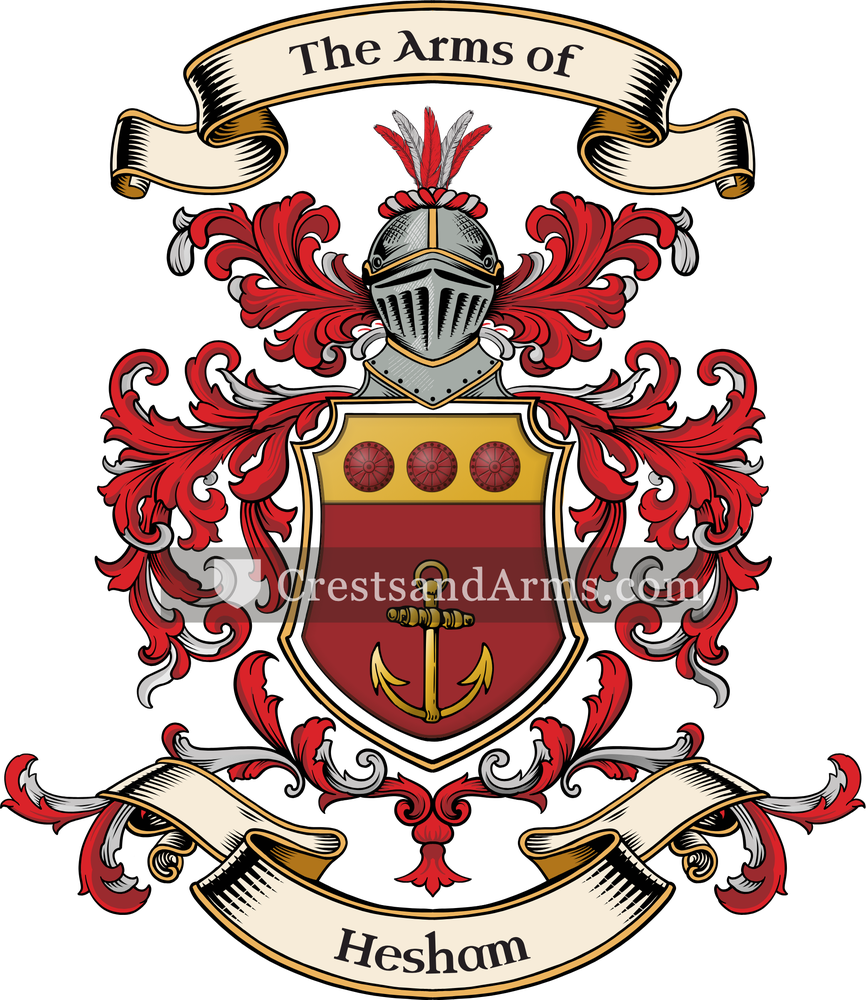 The Hesham coat of arms, drawn from the recorded blazon