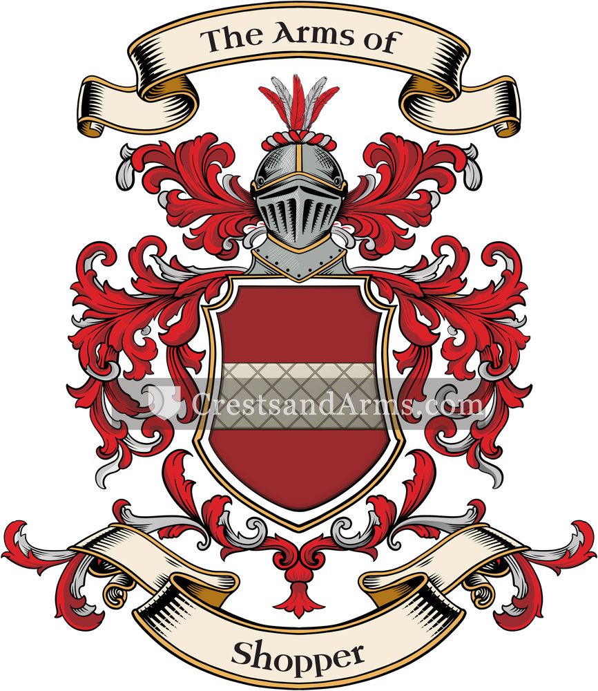 The Shopper coat of arms, drawn from the recorded blazon