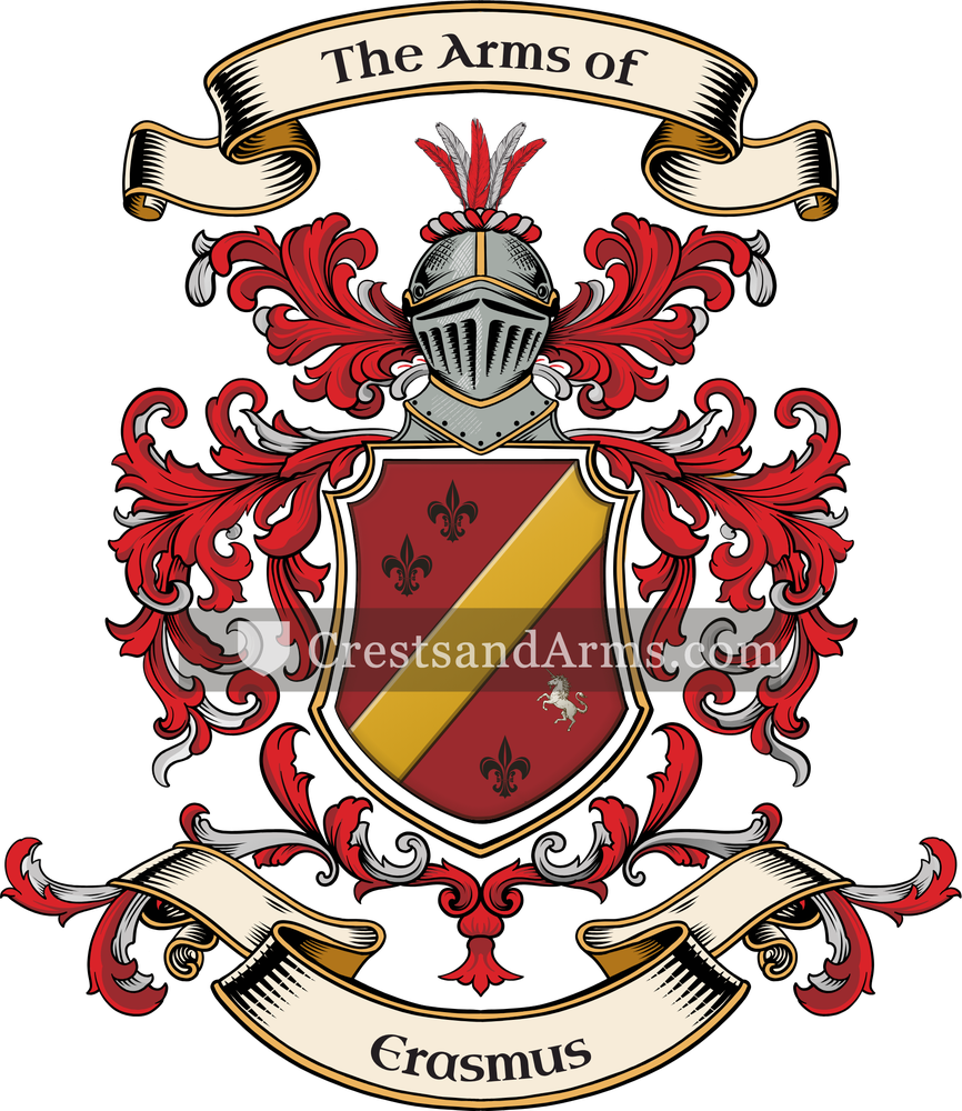 The Erasmus coat of arms, drawn from the recorded blazon