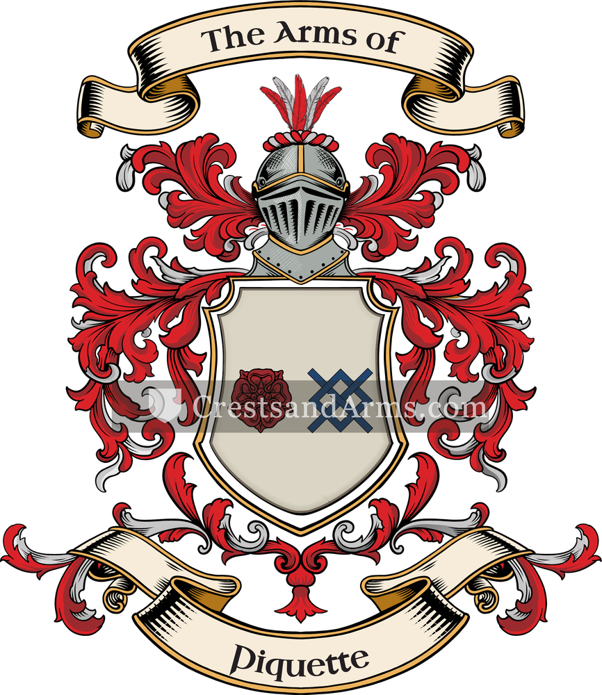 The Piquette coat of arms, drawn from the recorded blazon