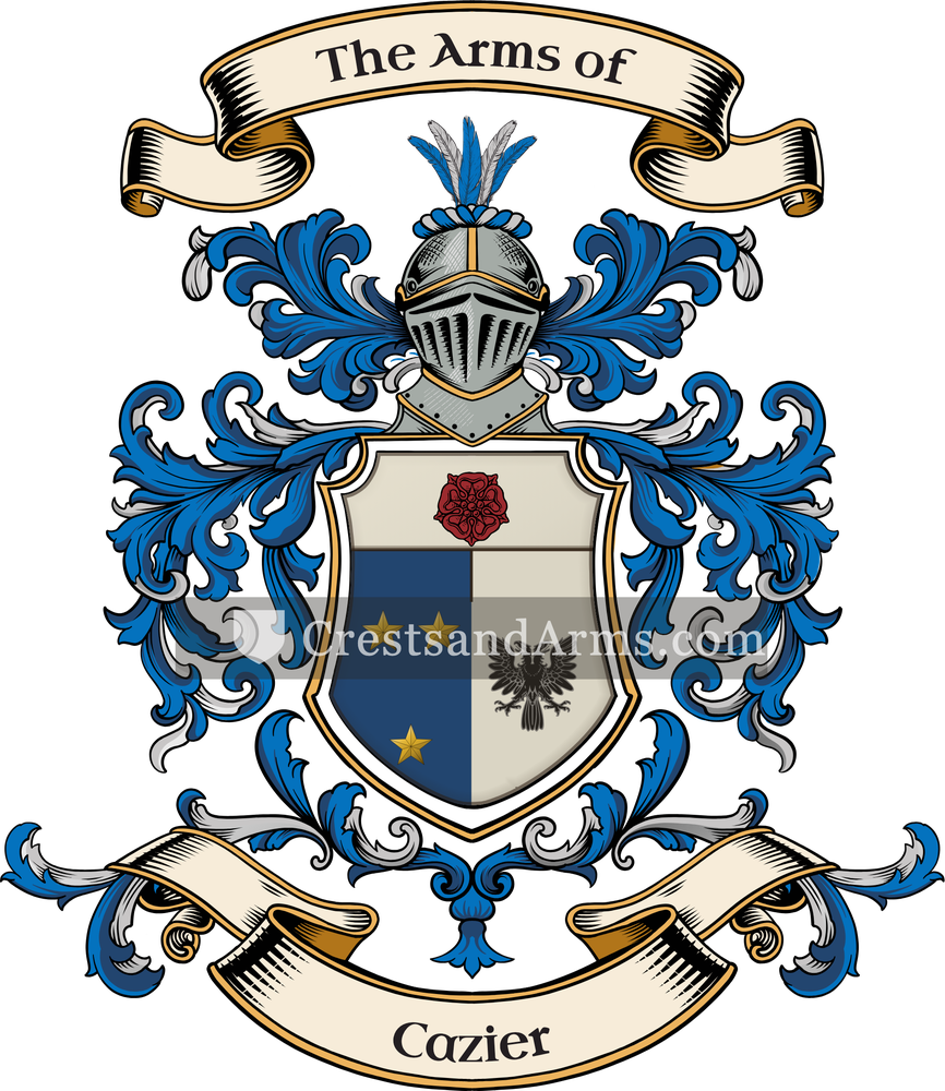 The Cazier coat of arms, drawn from the recorded blazon