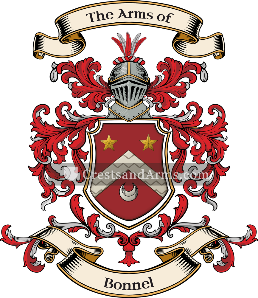 The Bonnel coat of arms, drawn from the recorded blazon