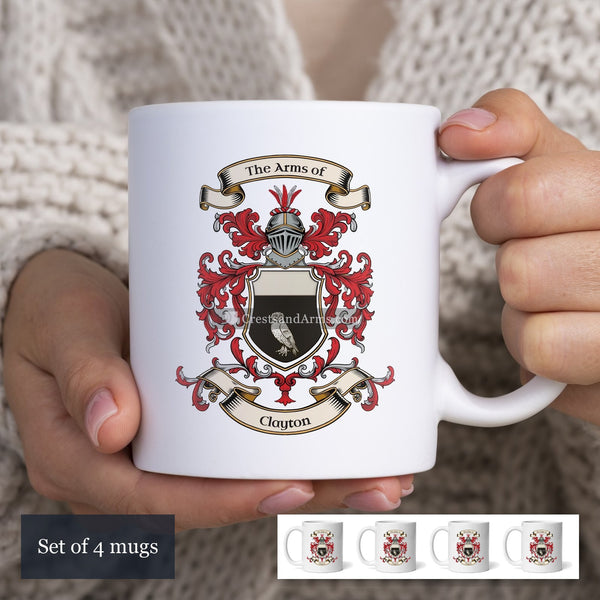 The Clayton arms on the set of 4 mugs