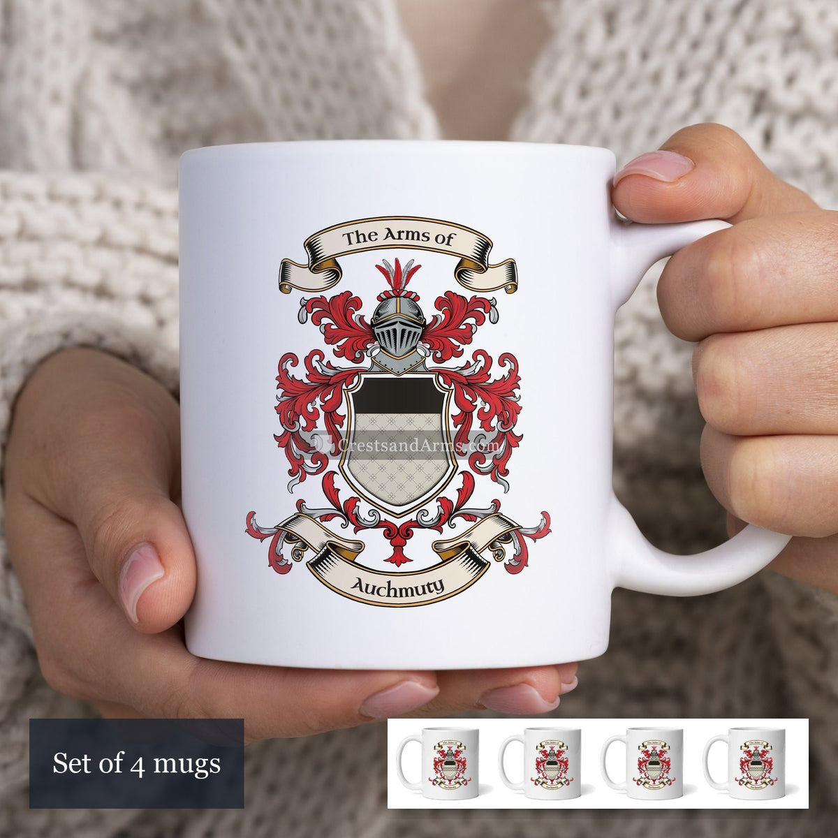 The Auchmuty arms on the set of 4 mugs