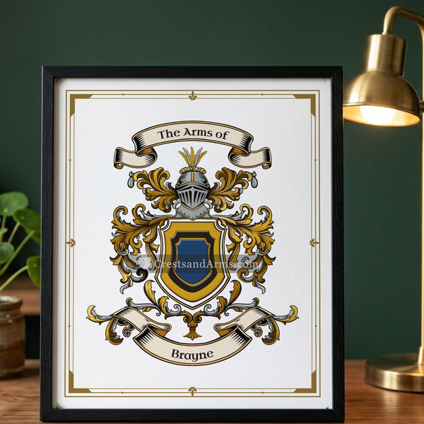 The Brayne arms on the framed, black wood