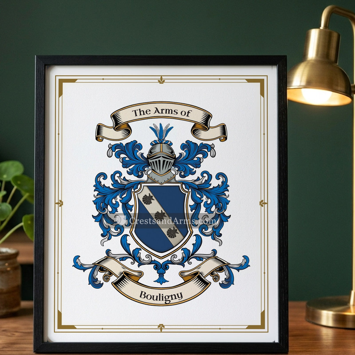 The Bouligny arms on the framed, black wood