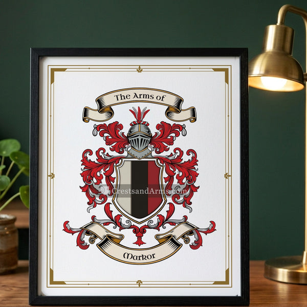 The Markor arms on the framed, black wood