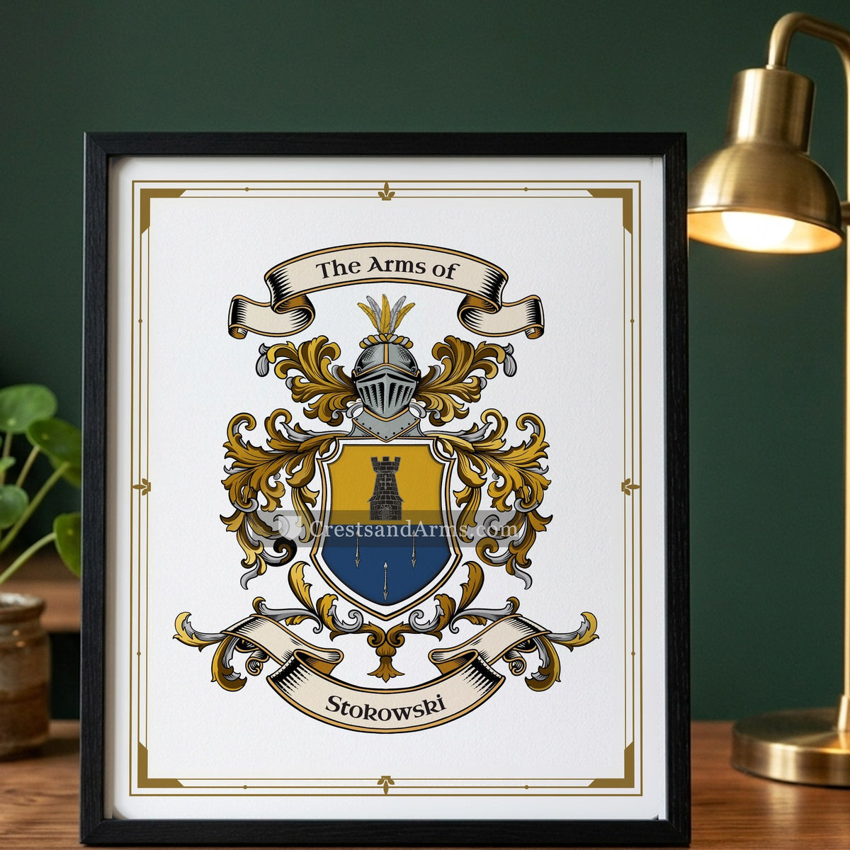 The Stokowski arms on the framed, black wood