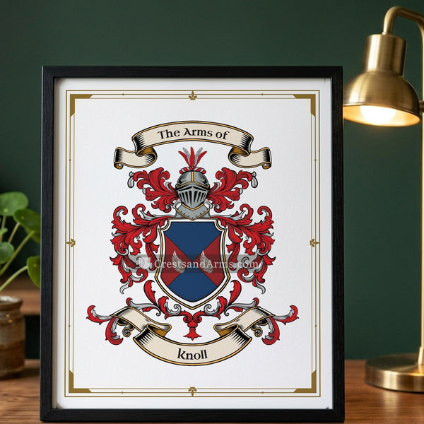 The Knoll arms on the framed, black wood