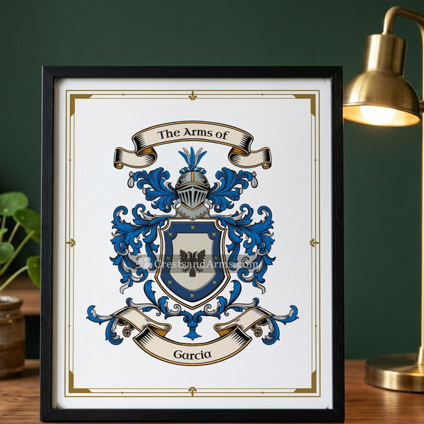 The Garcia arms on the framed, black wood