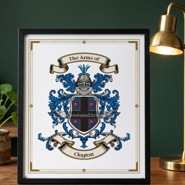 The Clayton arms on the framed, black wood
