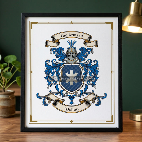 The Molina arms on the framed, black wood