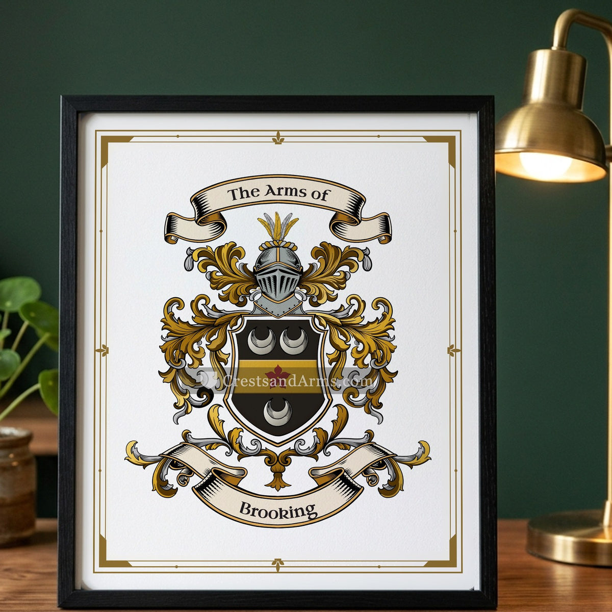 The Brooking arms on the framed, black wood
