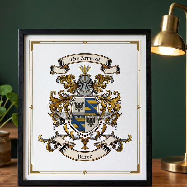 The Perez arms on the framed, black wood
