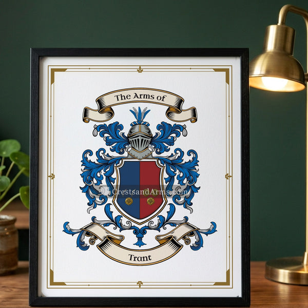 The Trant arms on the framed, black wood