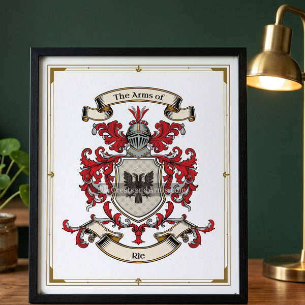 The Rie arms on the framed, black wood